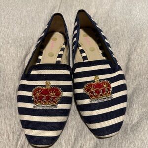 Boden Navy and White Striped Flats with Red Crown Embroidery